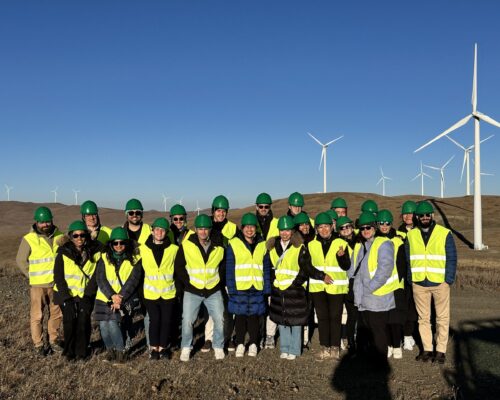 A group of people wearing green hard hats and high-visibility vests standing in front of wind turbines in a grassy field, under a clear blue sky.