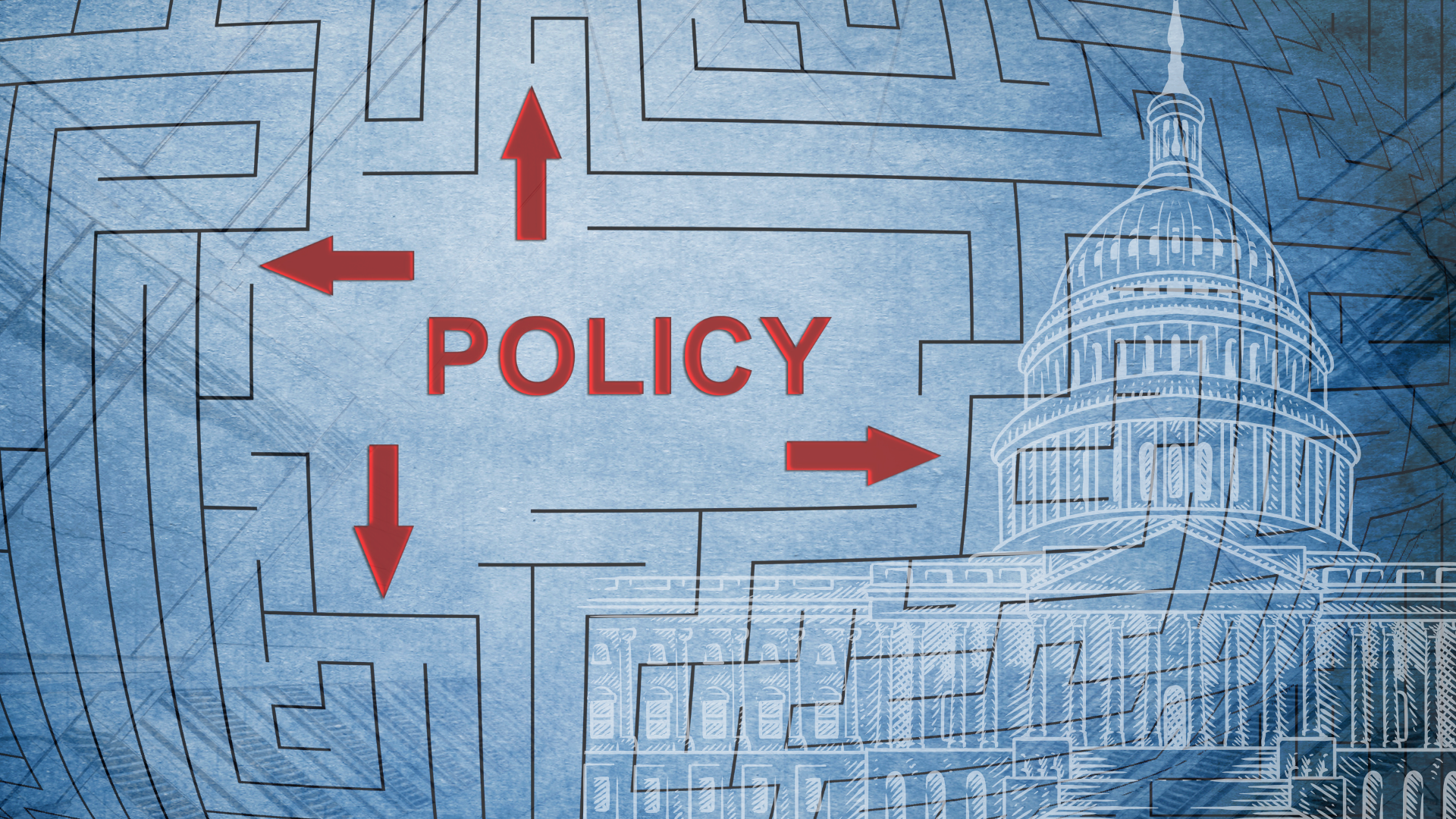 Maze with the word "Policy" in red at the center, surrounded by arrows pointing in various directions, overlaid on a blueprint-style illustration of a government building. Represents navigation and complexity in policy-making.