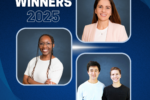 Image featuring the winners of 2025, including portraits of three individuals and one pair, all smiling, set against a blue background with the text "Winners 2025."