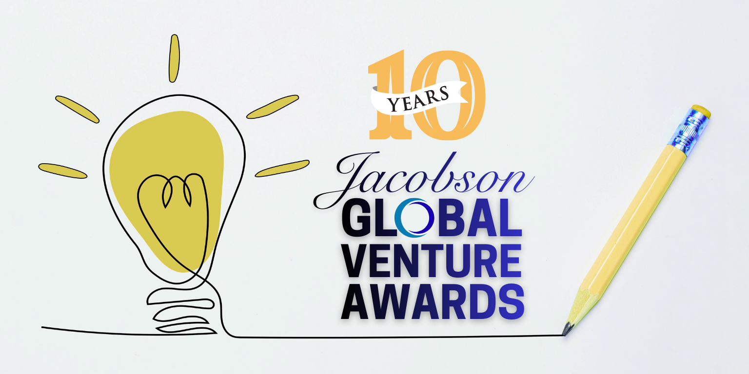 Jacobson Cover Image 2026 Illustration of a hand-drawn light bulb being sketched with a pencil, alongside the text "10 Years Jacobson Global Venture Awards".